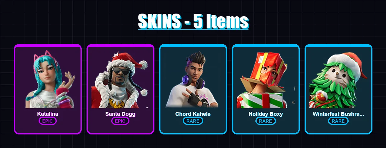 [PC/XBOX/PSN] | Katalina | Santa Dogg | Chord Kahele | Holiday Boxy | Winterfest Bushranger | 5 skin | 17 pickaxe | 5 emote | 12 glider | Lv114