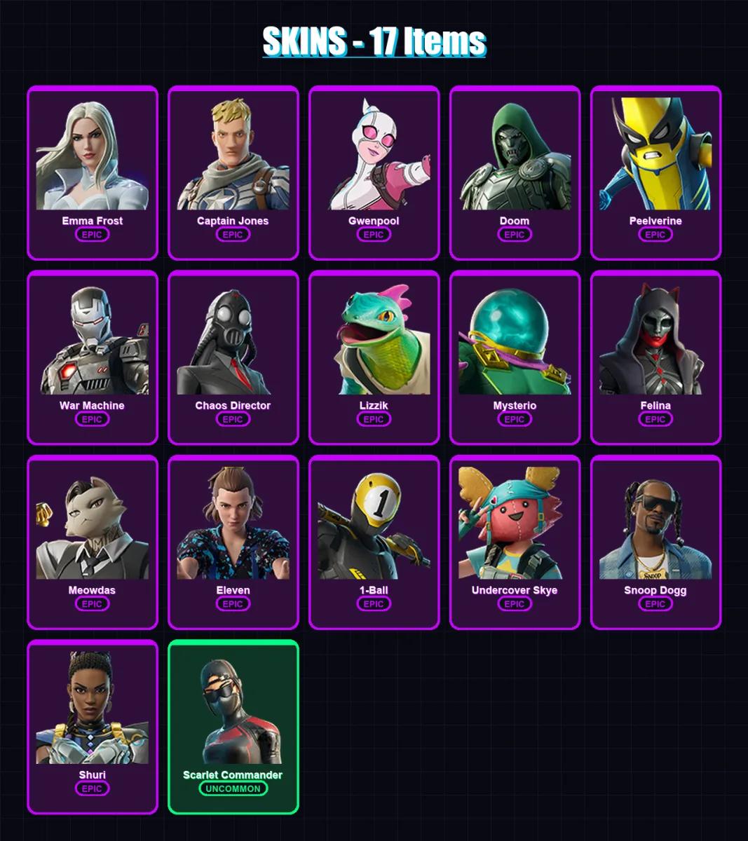 [PS4/PS5/XBOX/PC] | Emma Frost | Captain Jones | Gwenpool | Doom | Peelverine | 17 skin | 28 pickaxe | 20 emote | 17 glider | Lv297