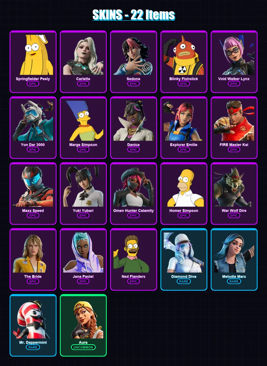 [PC/XBOX] | Springfielder Peely | Carletta | Sedona | Blinky Fishstick | Void Walker Lynx | 22 skin | 22 pickaxe | 18 emote | 12 glider | Lv104