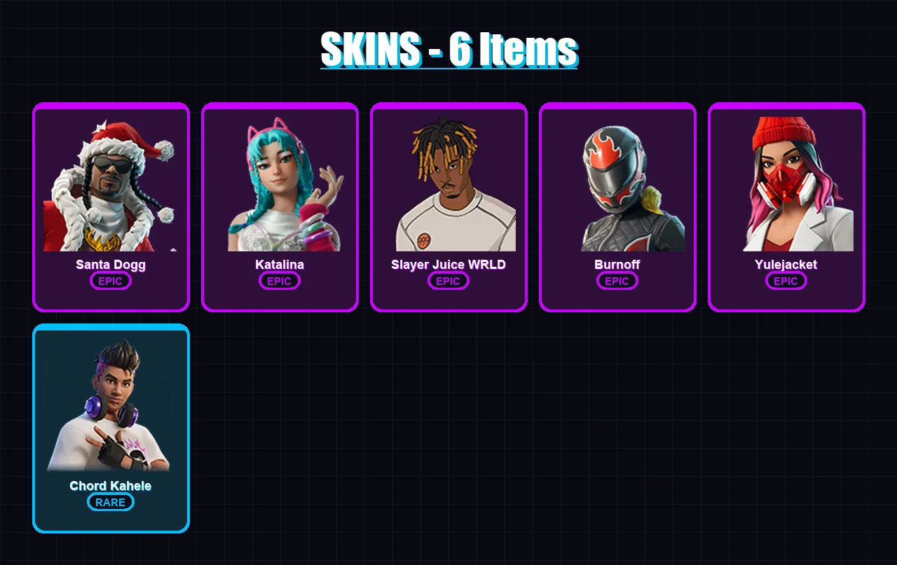 [PC/XBOX/PSN] | Santa Dogg | Katalina | Slayer Juice WRLD | Burnoff | Yulejacket | 6 skin | 19 pickaxe | 7 emote | 12 glider | Lv67