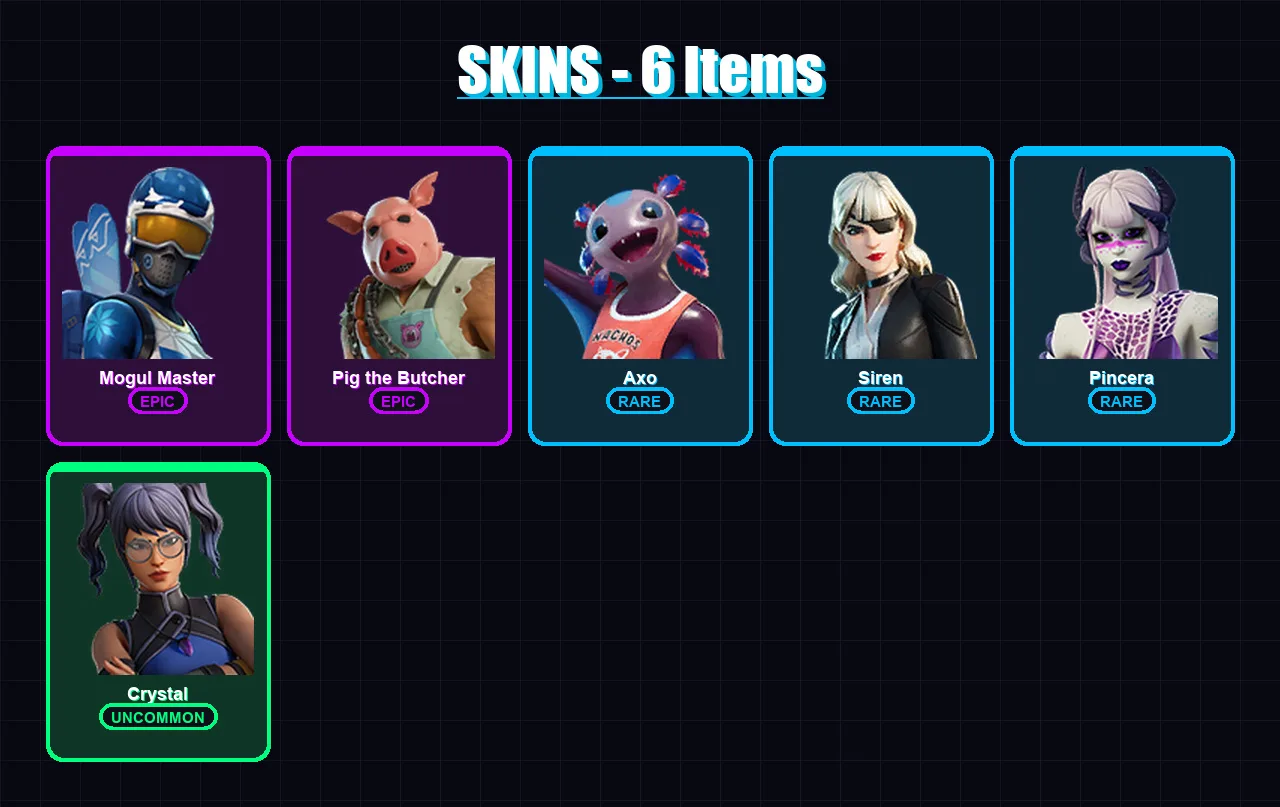 [PC/PSN] | Mogul Master | Pig the Butcher | Axo | Siren | Pincera | 6 skin | 29 pickaxe | 10 emote | 20 glider | Lv308