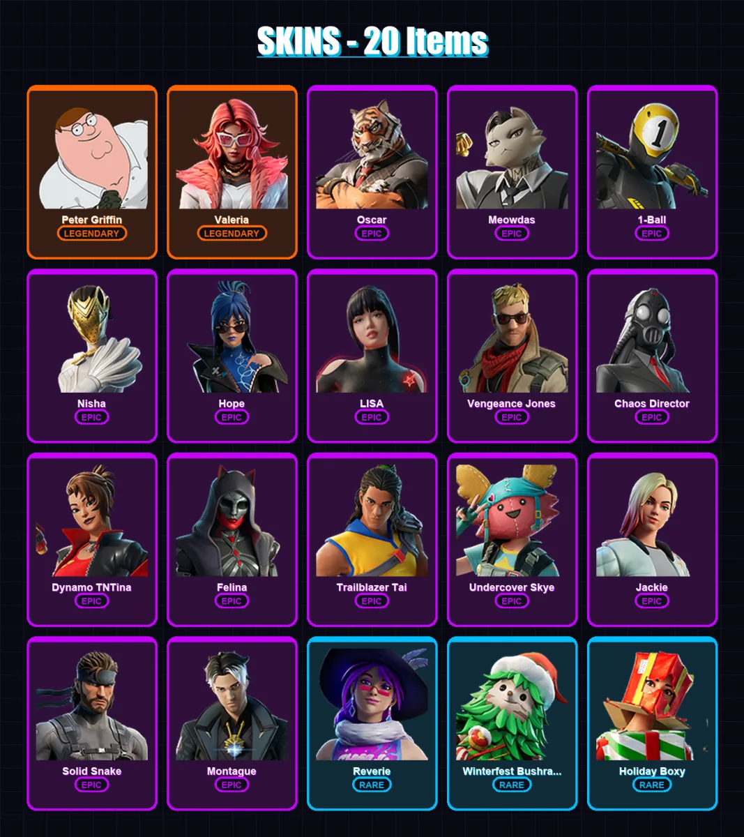 [PC/XBOX/PSN] | Peter Griffin | Valeria | Oscar | Meowdas | 1-Ball | 20 skin | 37 pickaxe | 22 emote | 26 glider | Lv275