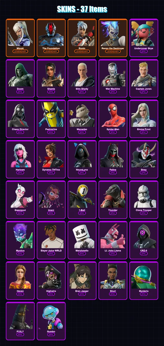 [PC/XBOX/PSN] | Mizuki | The Foundation | Ronin | Renzo the Destroyer | Undercover Skye | 37 skin | 56 pickaxe | 38 emote | 43 glider | Lv797 — Fortnite account