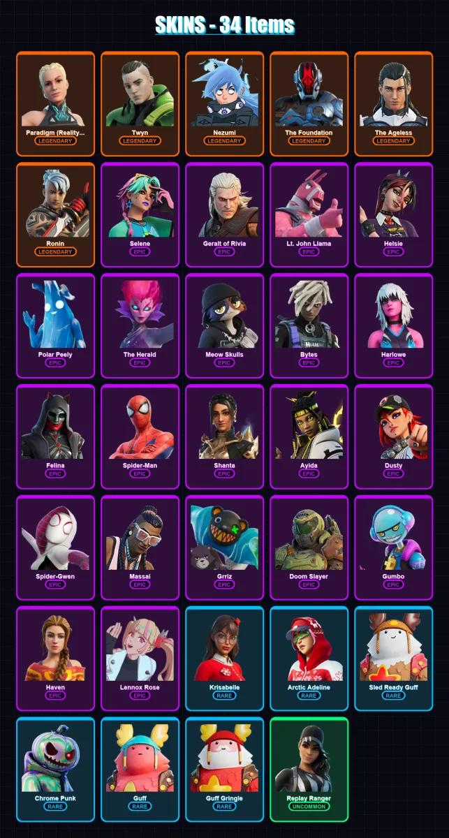 [PC/XBOX/PSN] | Paradigm (Reality-659) | Twyn | Nezumi | The Foundation | The Ageless | 34 skin | 53 pickaxe | 42 emote | 44 glider | Lv677 — Game account