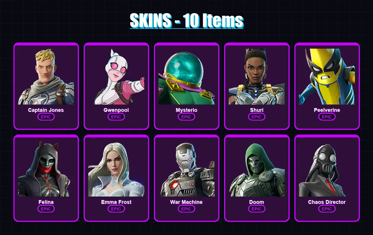 [PC/XBOX/PSN] | Captain Jones | Gwenpool | Mysterio | Shuri | Peelverine | 10 skin | 21 pickaxe | 13 emote | 15 glider | Lv189