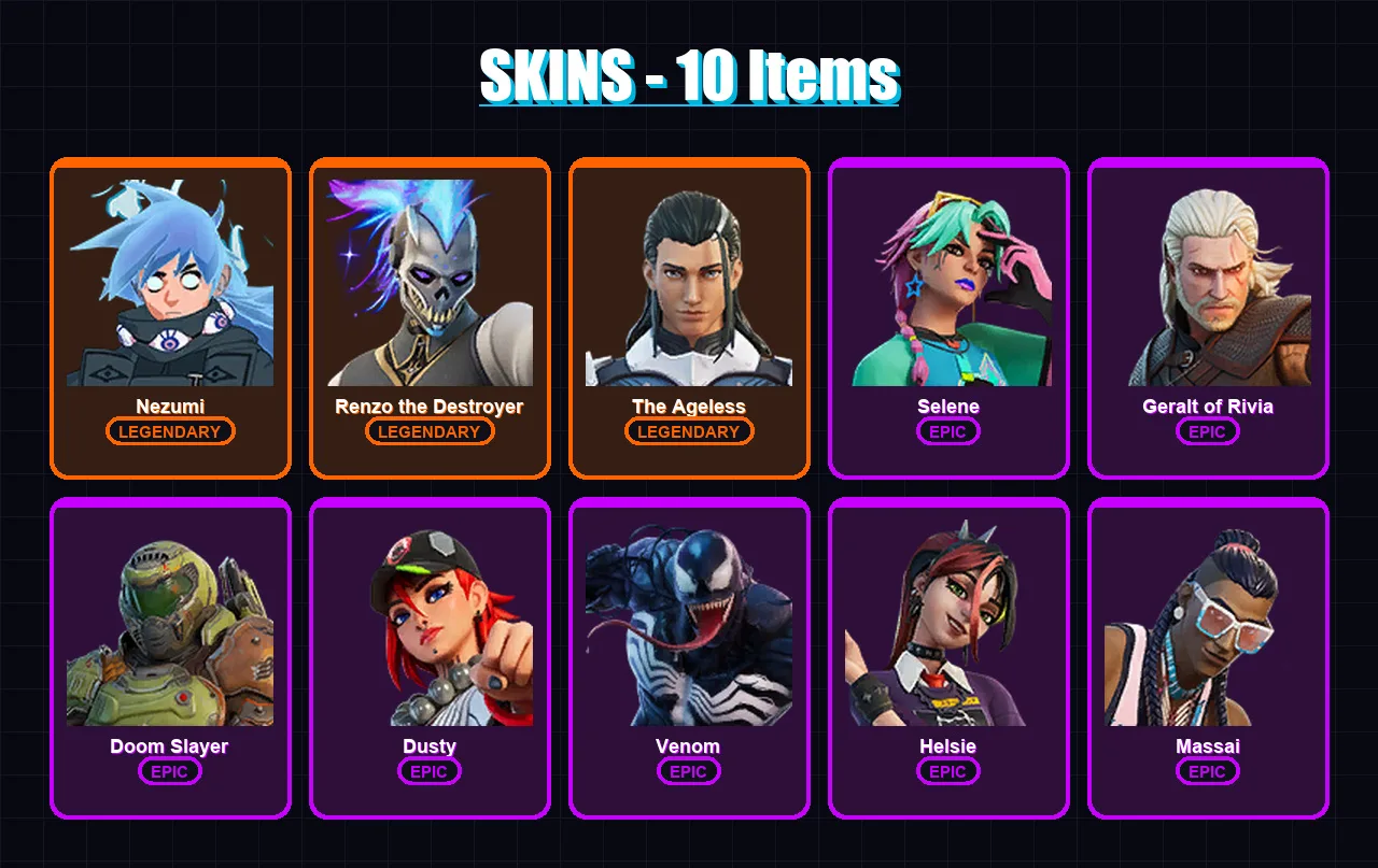 [PC/XBOX/PSN] | Nezumi | Renzo the Destroyer | The Ageless | Selene | Geralt of Rivia | 10 skin | 14 pickaxe | 13 emote | 14 glider | Lv145