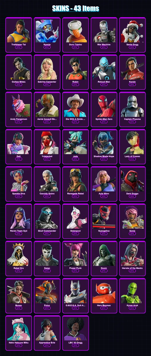 [PC/XBOX/PSN] | Trailblazer Tai | Nyanja | Durrr Taisho | War Machine | Santa Dogg | 43 skin | 38 pickaxe | 22 emote | 23 glider | Lv136 — Fortnite account