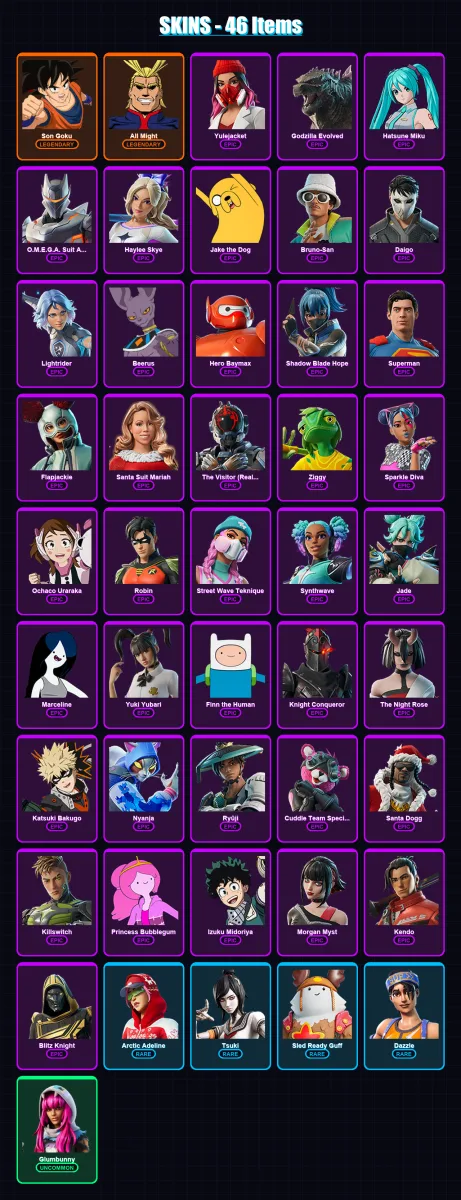 [PC/XBOX] | Son Goku | All Might | Yulejacket | Godzilla Evolved | Hatsune Miku | 46 skin | 63 pickaxe | 47 emote | 38 glider | Lv447