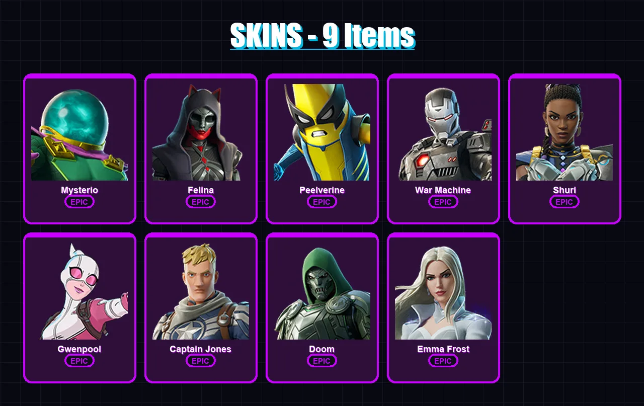 [PC/XBOX/PSN] | Mysterio | Felina | Peelverine | War Machine | Shuri | 9 skin | 16 pickaxe | 15 emote | 15 glider | Lv201