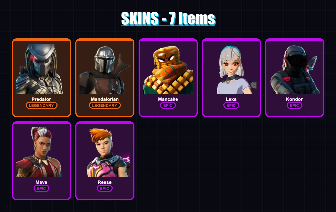[PC/XBOX/PSN] | Predator | Mandalorian | Mancake | Lexa | Kondor | 7 skin | 8 pickaxe | 6 emote | 12 glider | Lv128