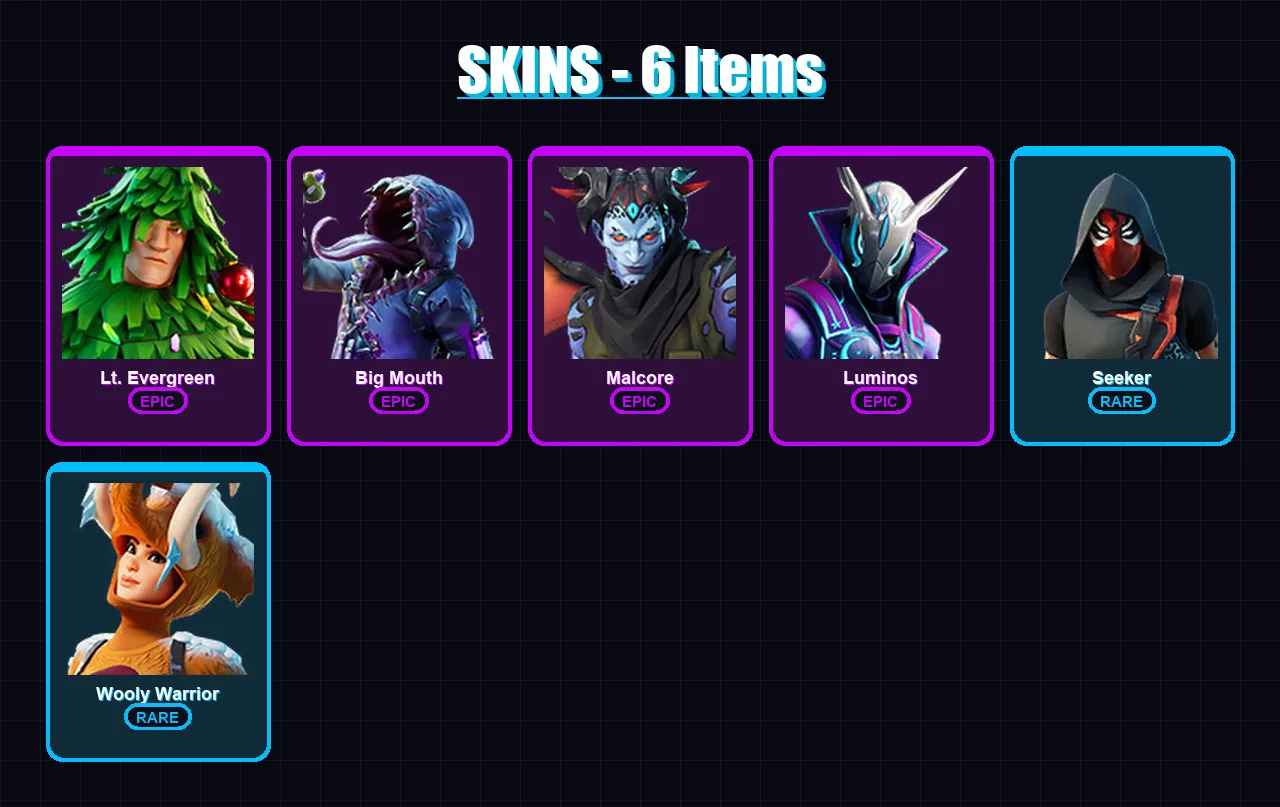 [PC/XBOX/PSN] | Lt. Evergreen | Big Mouth | Malcore | Luminos | Seeker | 6 skin | 8 pickaxe | 14 emote | 8 glider | Lv138