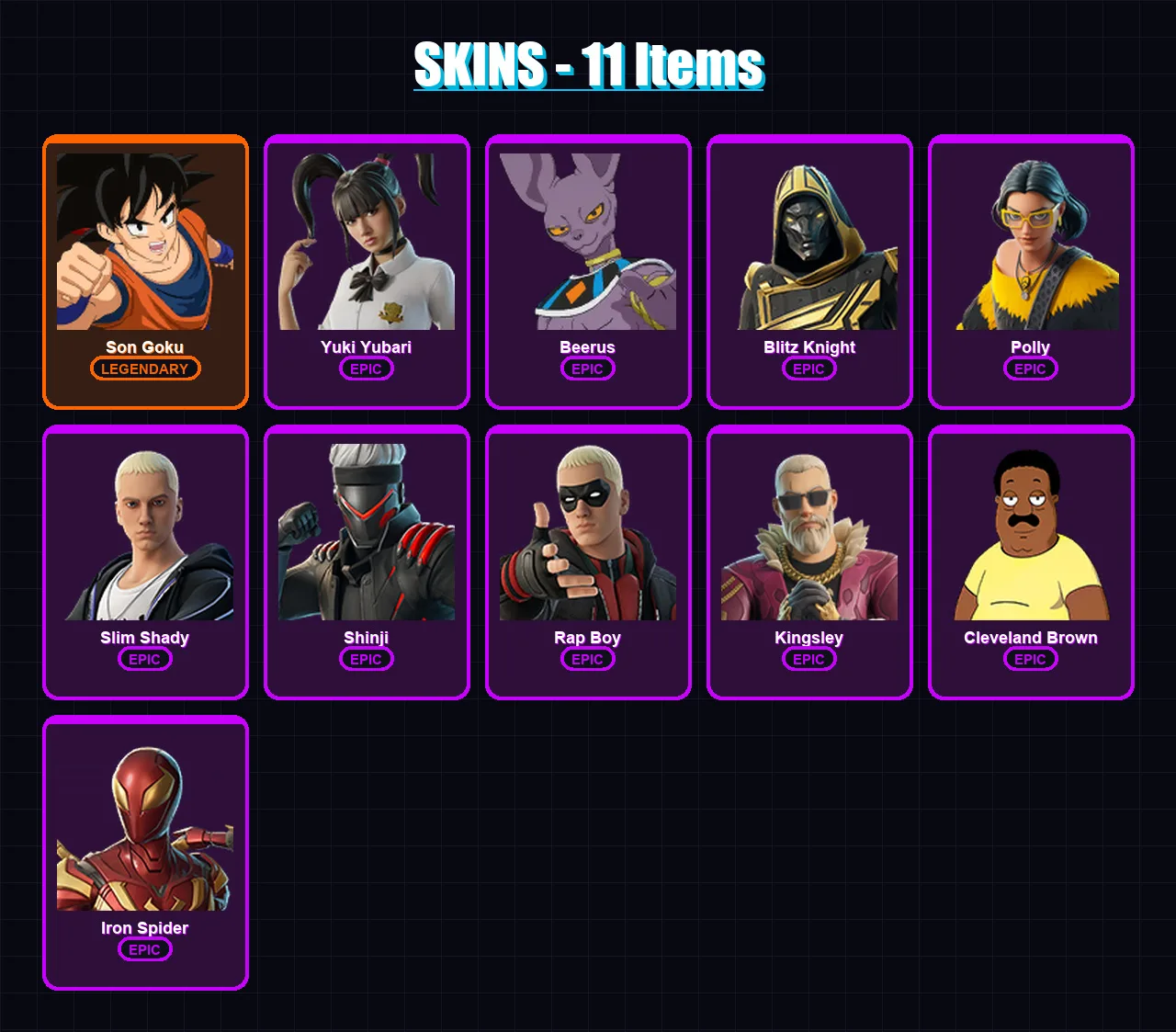 [PS4/PS5/XBOX/PC] | Son Goku | Yuki Yubari | Beerus | Blitz Knight | Polly | 11 skin | 29 pickaxe | 15 emote | 13 glider | Lv89
