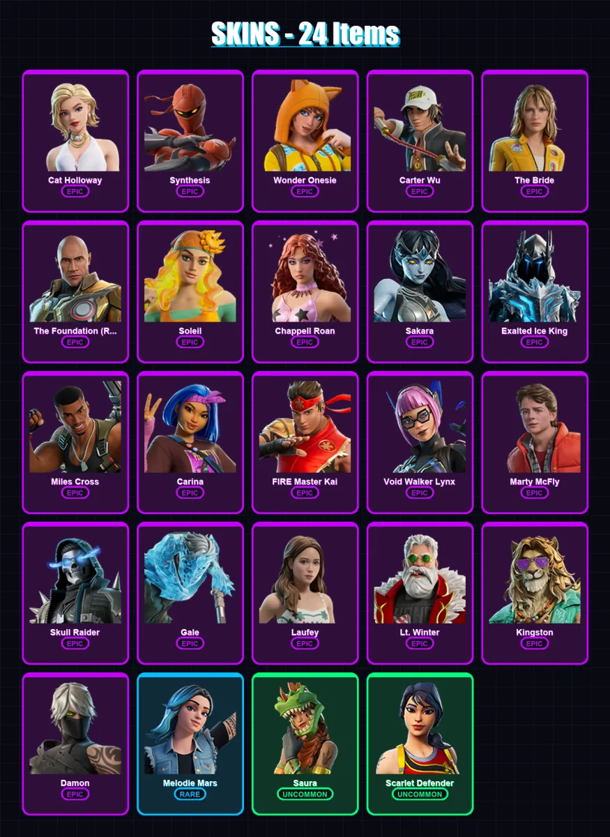 [PC/PSN] | Cat Holloway | Synthesis | Wonder Onesie | Carter Wu | The Bride | 24 skin | 28 pickaxe | 17 emote | 21 glider | Lv128
