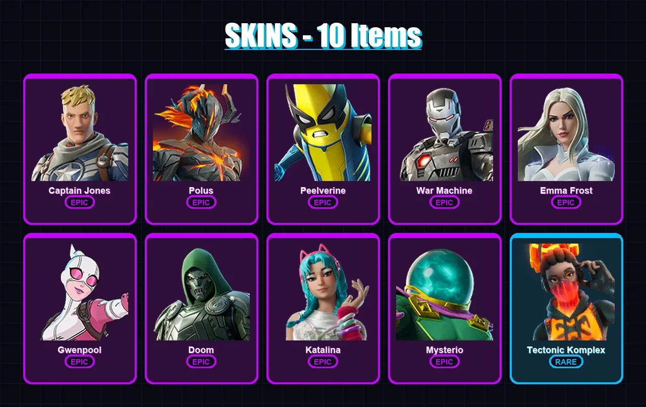 [PS4/PS5/PC] | Captain Jones | Polus | Peelverine | War Machine | Emma Frost | 10 skin | 17 pickaxe | 13 emote | 13 glider | Lv166