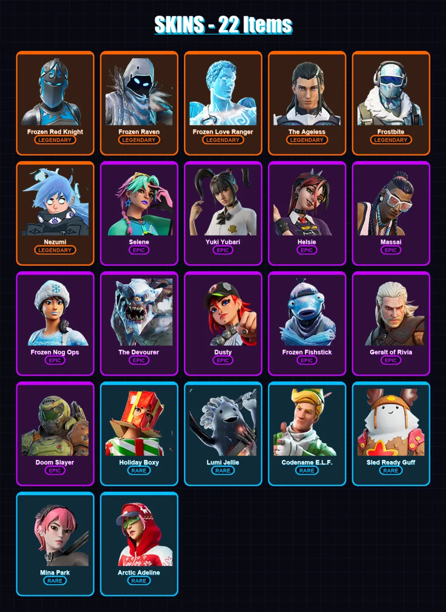 [PC/PSN] | Frozen Red Knight | Frozen Raven | Frozen Love Ranger | The Ageless | Frostbite | 22 skin | 27 pickaxe | 20 emote | 26 glider | Lv362