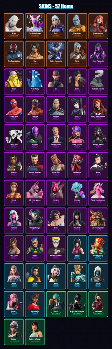[SWITCH/XBOX/PSN/PC] | Snap | The Cube Queen | Torin | The Origin | The Imagined | 57 skin | 63 pickaxe | 50 emote | 48 glider | Lv1052