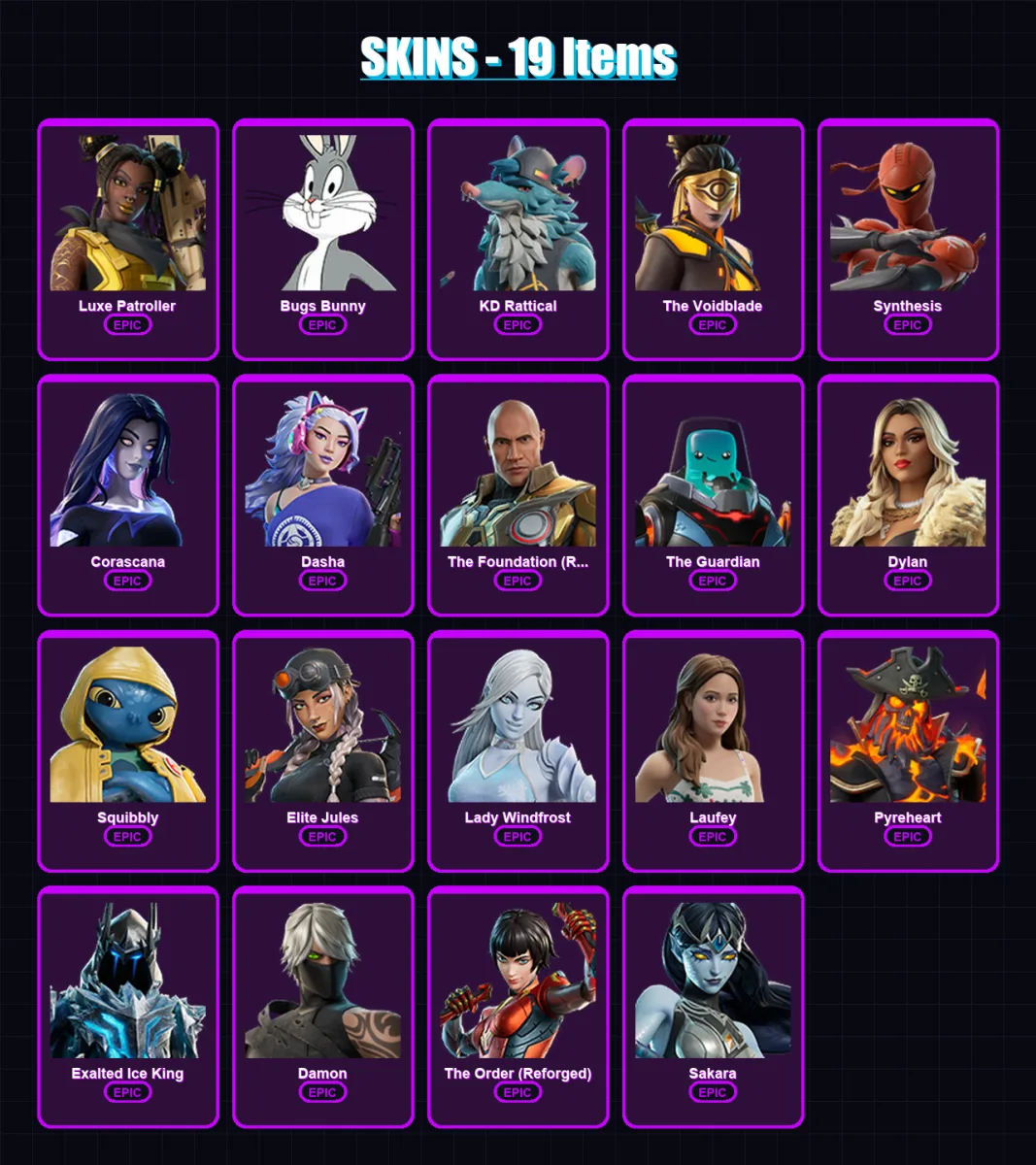 [PC/XBOX/PSN] | Luxe Patroller | Bugs Bunny | KD Rattical | The Voidblade | Synthesis | 19 skin | 25 pickaxe | 13 emote | 20 glider | Lv134
