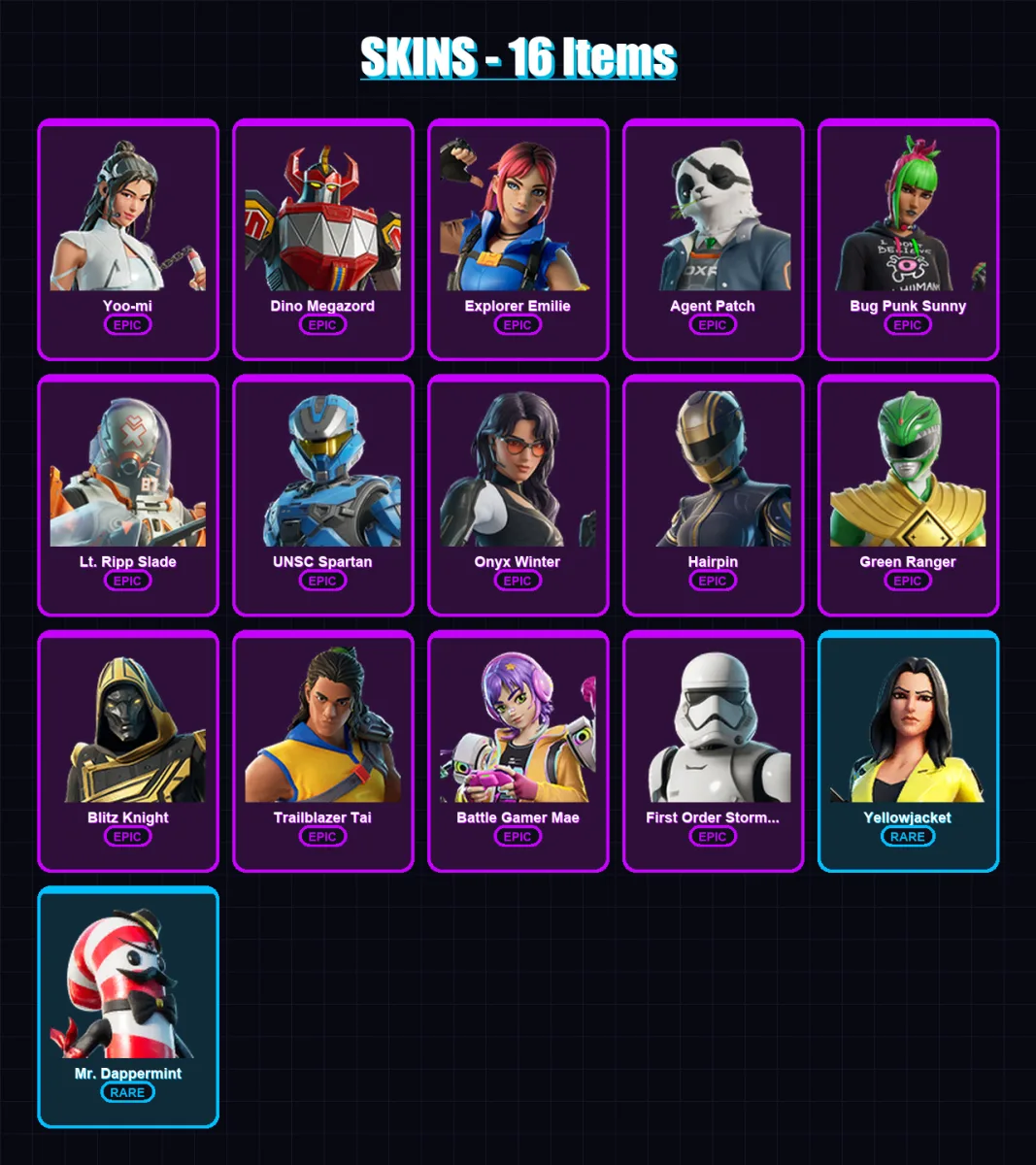 [SWITCH/PC] | Yoo-mi | Dino Megazord | Explorer Emilie | Agent Patch | Bug Punk Sunny | 16 skin | 27 pickaxe | 17 emote | 20 glider | Lv281