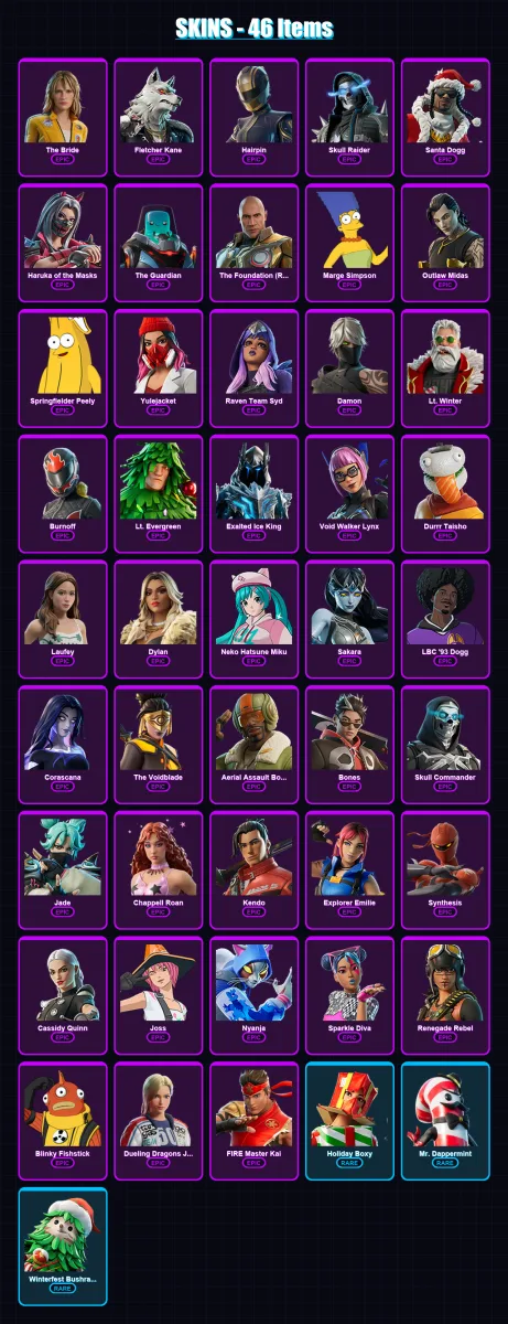 [PC/PSN] | The Bride | Fletcher Kane | Hairpin | Skull Raider | Santa Dogg | 46 skin | 74 pickaxe | 35 emote | 43 glider | Lv377