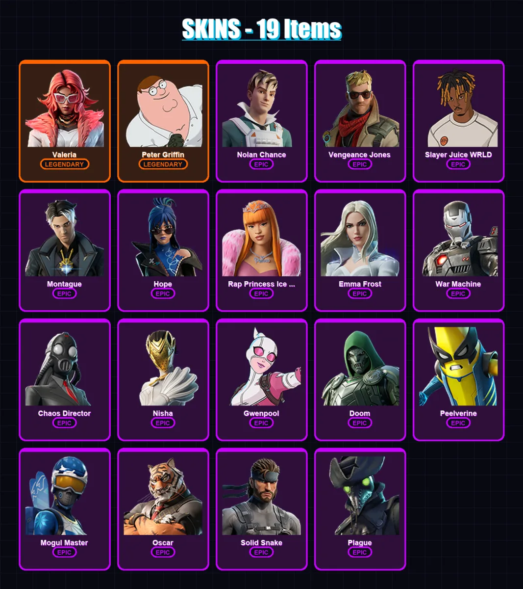 [PC/PSN] | Valeria | Peter Griffin | Nolan Chance | Vengeance Jones | Slayer Juice WRLD | 19 skin | 35 pickaxe | 30 emote | 26 glider | Lv268