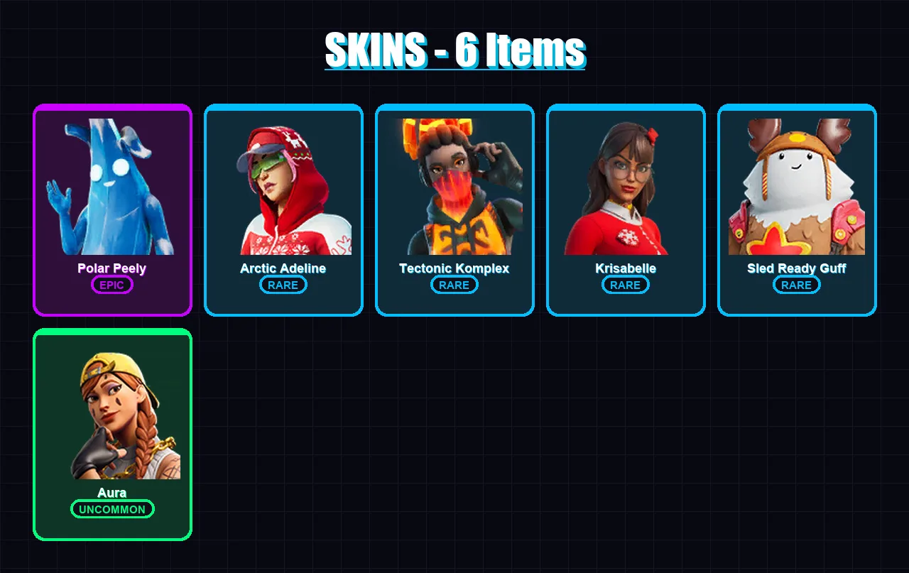 [PC/XBOX/PSN] | Polar Peely | Arctic Adeline | Tectonic Komplex | Krisabelle | Sled Ready Guff | 6 skin | 33 pickaxe | 19 emote | 25 glider | Lv380