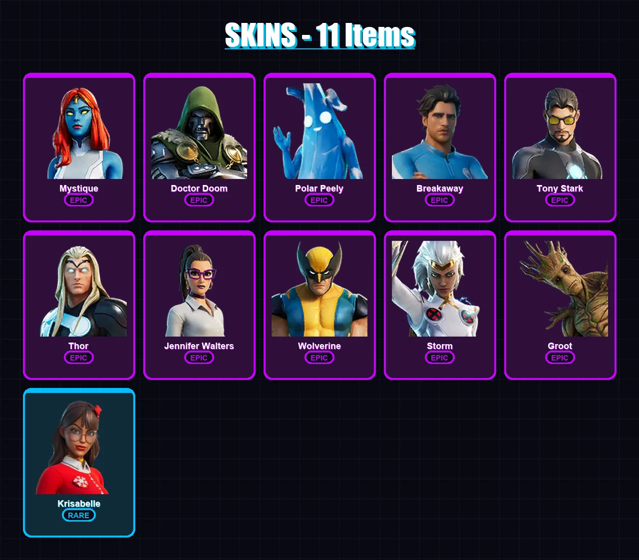 [PS4/PS5/XBOX/PC] | Mystique | Doctor Doom | Polar Peely | Breakaway | Tony Stark | 11 skin | 22 pickaxe | 18 emote | 21 glider | Lv395