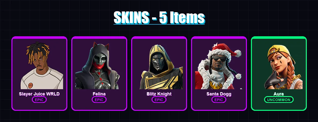 [PC/XBOX] | Slayer Juice WRLD | Felina | Blitz Knight | Santa Dogg | Aura | 5 skin | 58 pickaxe | 22 emote | 41 glider | Lv598