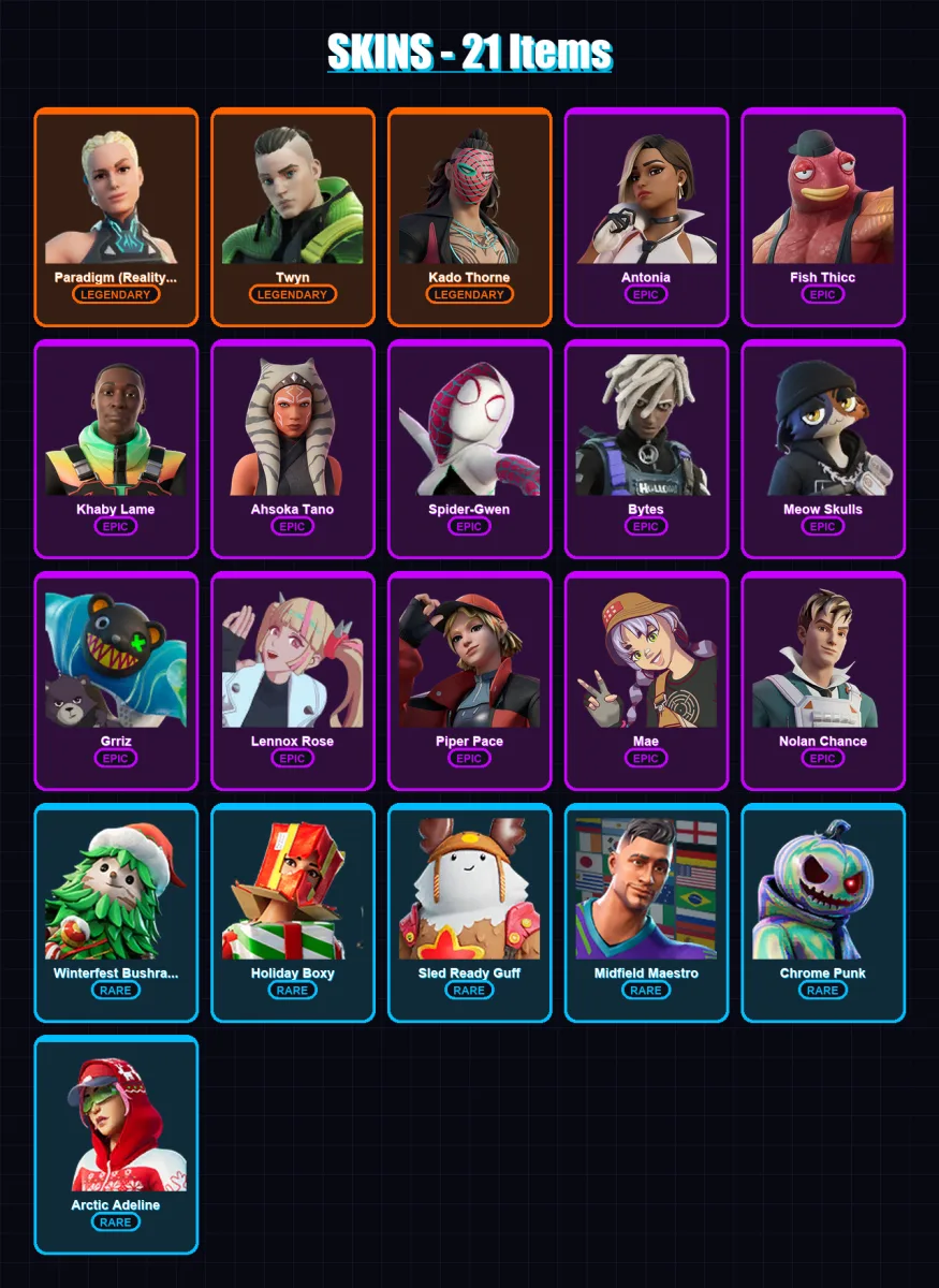 [SWITCH/XBOX/PSN/PC] | Paradigm (Reality-659) | Twyn | Kado Thorne | Antonia | Fish Thicc | 21 skin | 39 pickaxe | 40 emote | 43 glider | Lv760