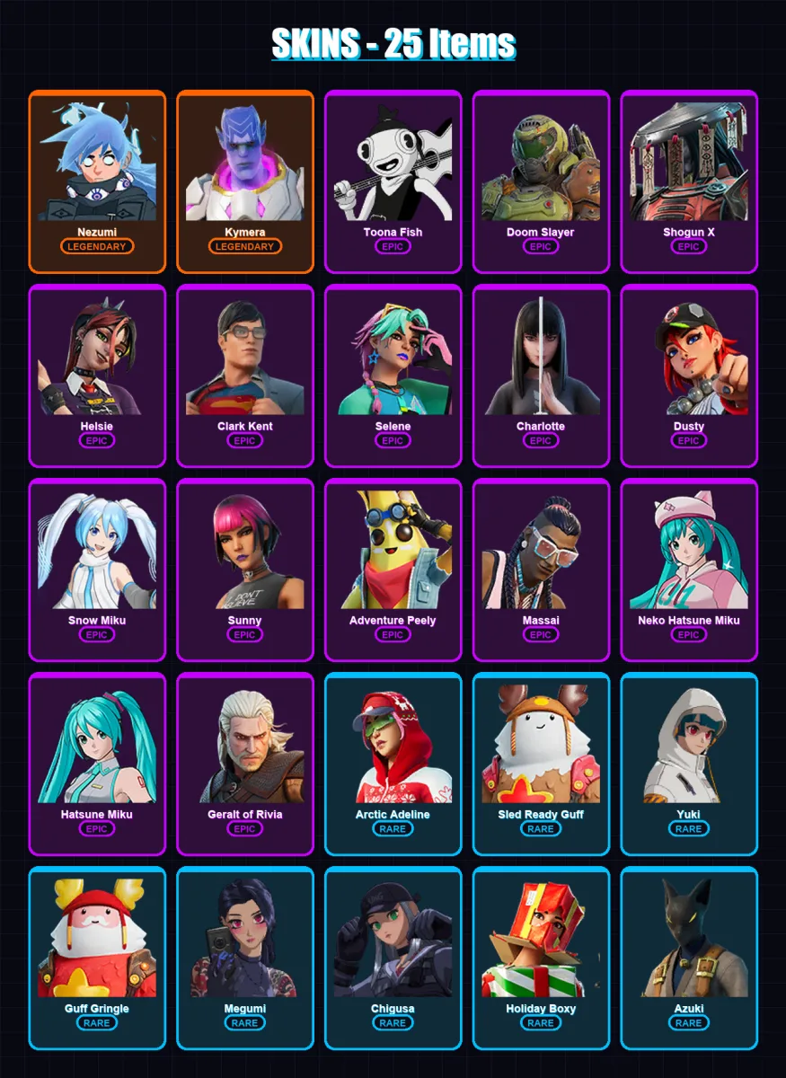 [PC/XBOX] | Nezumi | Kymera | Toona Fish | Doom Slayer | Shogun X | 25 skin | 50 pickaxe | 38 emote | 35 glider | Lv663