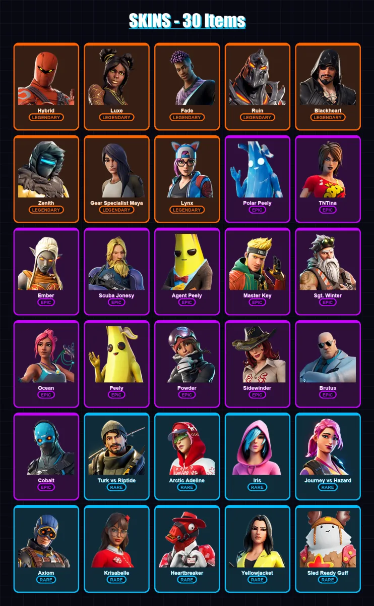 [PS4/PS5/PC] | Hybrid | Luxe | Fade | Ruin | Blackheart | 30 skin | 58 pickaxe | 49 emote | 49 glider | Lv578