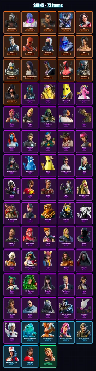 [PS4/PS5/XBOX/PC] | Mandalorian | Kymera | Joey | Spire Assassin | Rox | 73 skin | 78 pickaxe | 75 emote | 80 glider | Lv1211