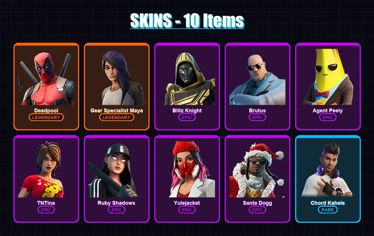 [PC/XBOX/PSN] | Deadpool | Gear Specialist Maya | Blitz Knight | Brutus | Agent Peely | 10 skin | 24 pickaxe | 13 emote | 22 glider | Lv234
