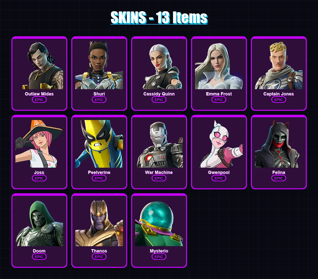 [PC/PSN] | Outlaw Midas | Shuri | Cassidy Quinn | Emma Frost | Captain Jones | 13 skin | 32 pickaxe | 20 emote | 21 glider | Lv253