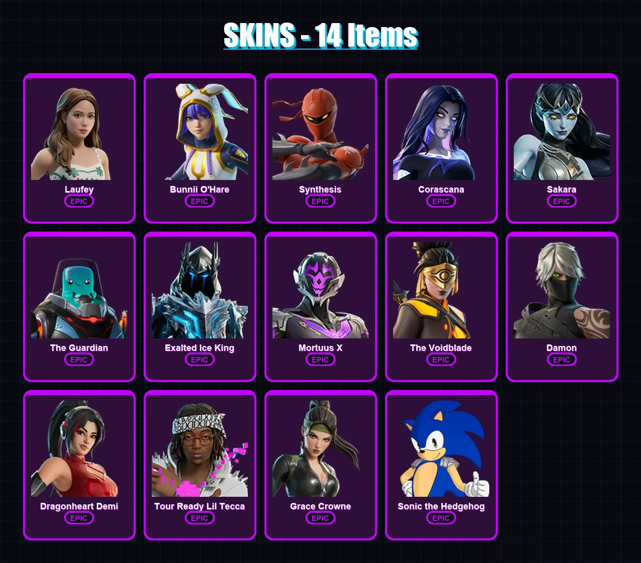 [PC/PSN] | Laufey | Bunnii O'Hare | Synthesis | Corascana | Sakara | 14 skin | 10 pickaxe | 1 emote | 4 glider | Lv4