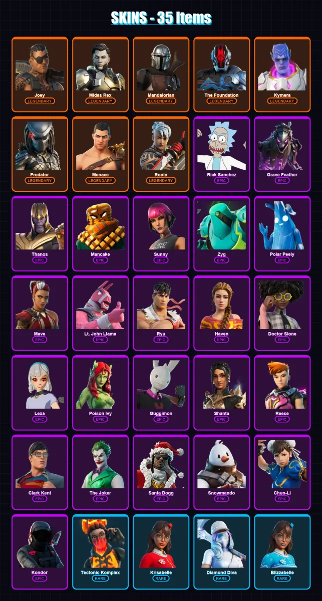 [PC/PSN] | Joey | Midas Rex | Mandalorian | The Foundation | Kymera | 35 skin | 49 pickaxe | 32 emote | 38 glider | Lv534