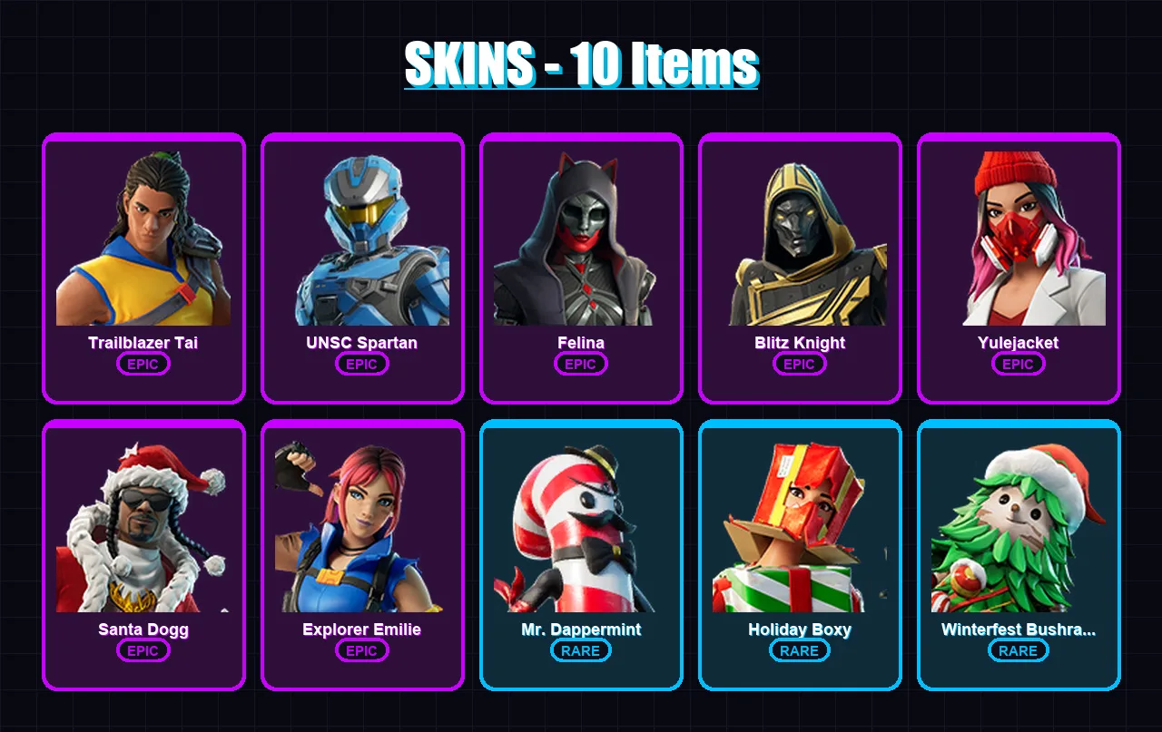 [SWITCH/XBOX/PSN/PC] | Trailblazer Tai | UNSC Spartan | Felina | Blitz Knight | Yulejacket | 10 skin | 64 pickaxe | 30 emote | 45 glider | Lv619