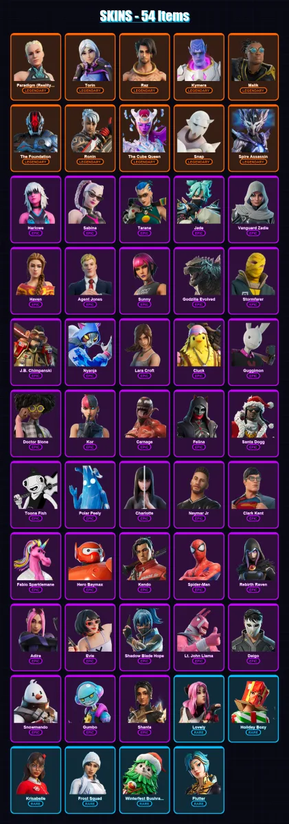 [PS4/PS5/XBOX/PC] | Paradigm (Reality-659) | Torin | Raz | Kymera | Malik | 54 skin | 102 pickaxe | 62 emote | 85 glider | Lv1301