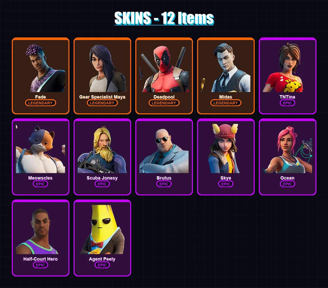 [PS4/PS5/XBOX/PC] | Fade | Gear Specialist Maya | Deadpool | Midas | TNTina | 12 skin | 22 pickaxe | 20 emote | 28 glider | Lv348