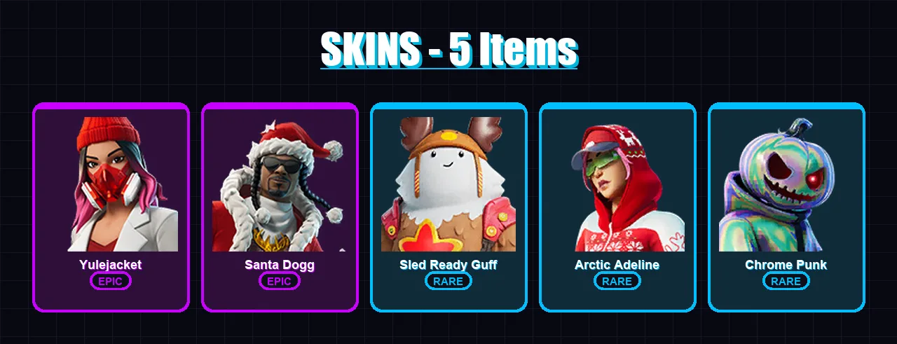 [PC/PSN] | Yulejacket | Santa Dogg | Sled Ready Guff | Arctic Adeline | Chrome Punk | 5 skin | 19 pickaxe | 8 emote | 16 glider | Lv260