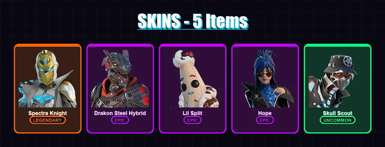 [PS4/PS5/XBOX/PC] | Spectra Knight | Drakon Steel Hybrid | Lil Split | Hope | Skull Scout | 5 skin | 9 pickaxe | 4 emote | 6 glider | Lv76