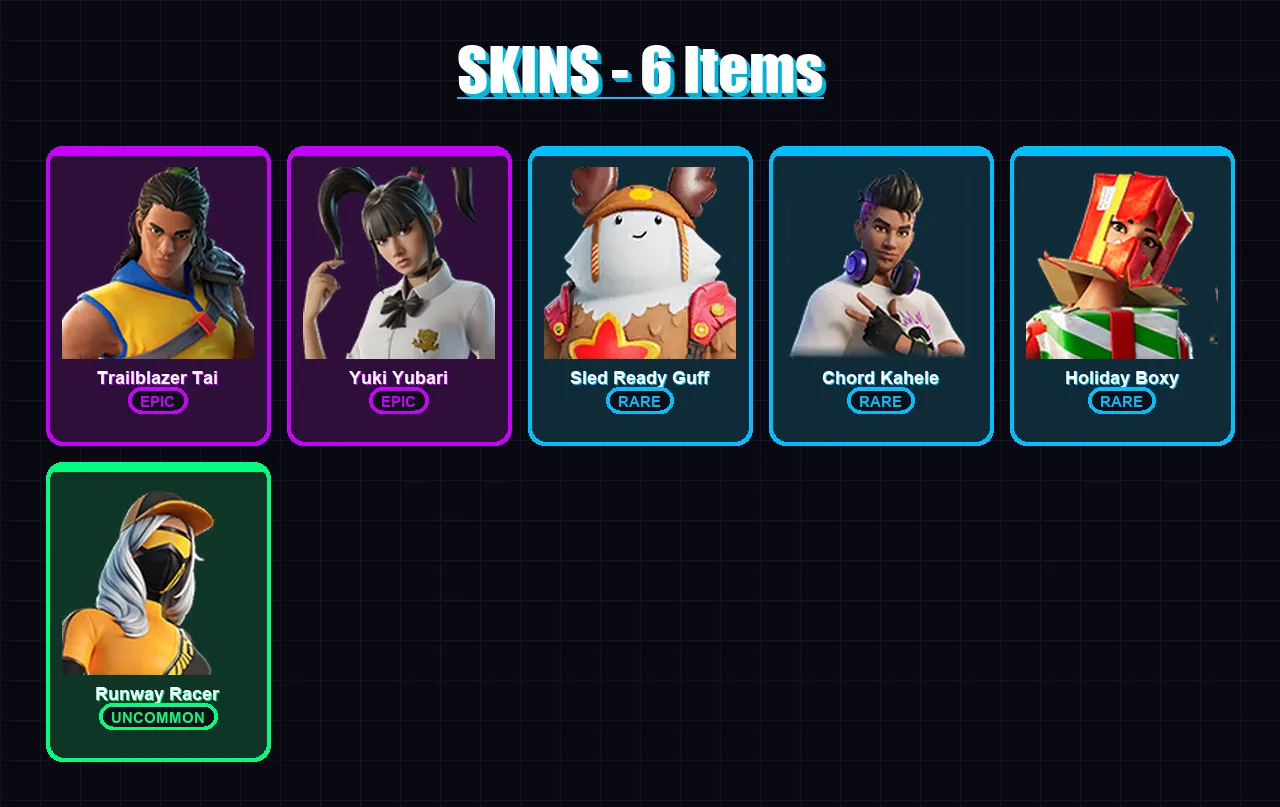 [PC/XBOX/PSN] | Trailblazer Tai | Yuki Yubari | Sled Ready Guff | Chord Kahele | Holiday Boxy | 6 skin | 39 pickaxe | 22 emote | 28 glider | Lv376