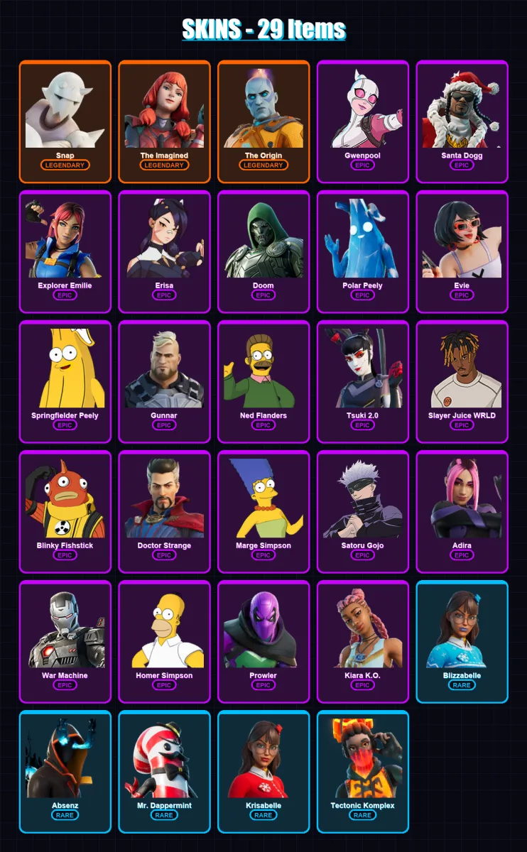 [PC/XBOX/PSN] | Snap | The Imagined | The Origin | Gwenpool | Santa Dogg | 29 skin | 68 pickaxe | 27 emote | 48 glider | Lv495