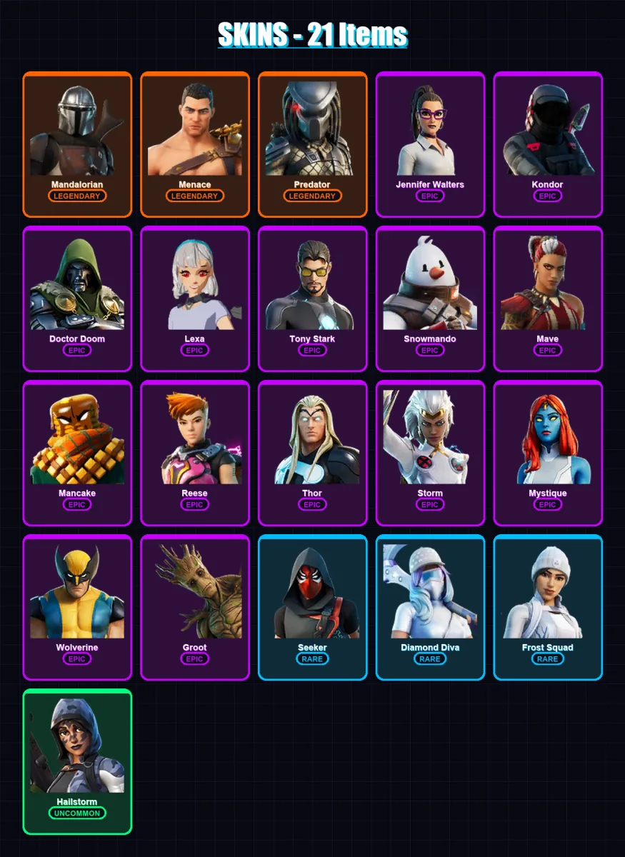 [SWITCH/XBOX/PSN/PC] | Mandalorian | Menace | Predator | Jennifer Walters | Kondor | 21 skin | 25 pickaxe | 18 emote | 20 glider | Lv356