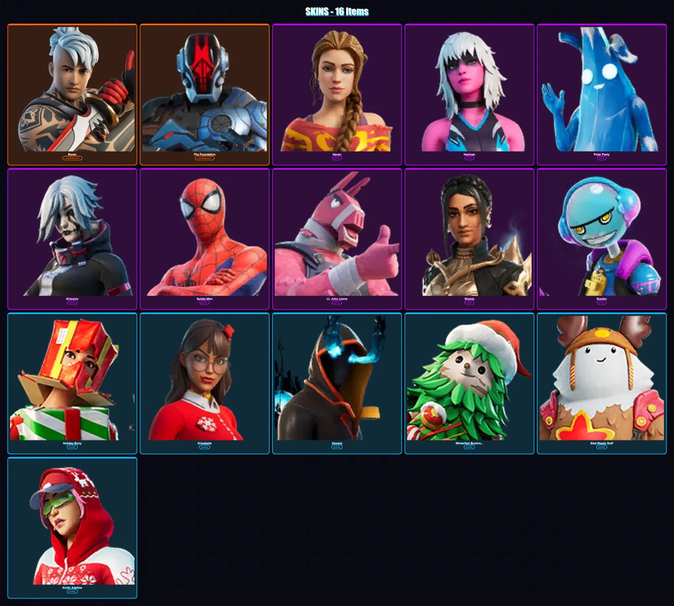 [PC/PSN] | Ronin | The Foundation | Haven | Harlowe | Polar Peely | 16 skin | 34 pickaxe | 25 emote | 28 glider | Lv409