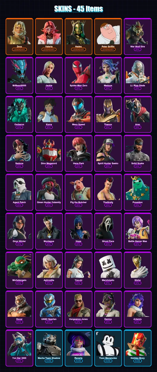 [PC/XBOX/PSN] | Zeus | Valeria | Hades | Peter Griffin | War Wolf Dire | 45 skin | 71 pickaxe | 43 emote | 35 glider | Lv598