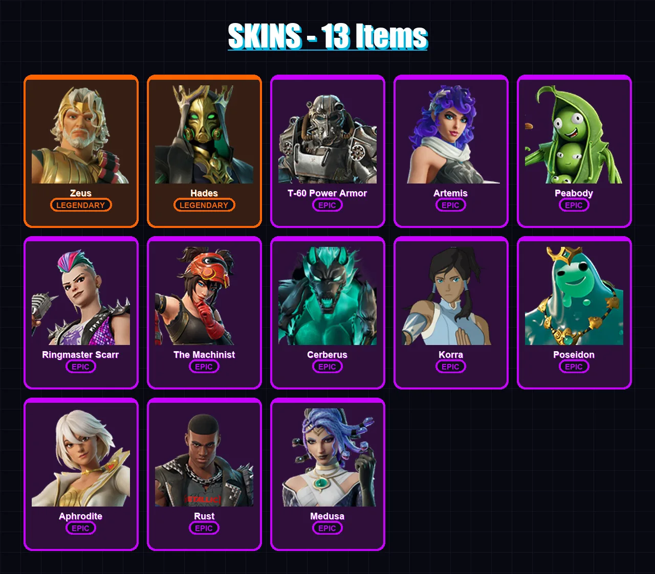 [PC/XBOX/PSN] | Zeus | Hades | T-60 Power Armor | Artemis | Peabody | 13 skin | 40 pickaxe | 21 emote | 29 glider | Lv342