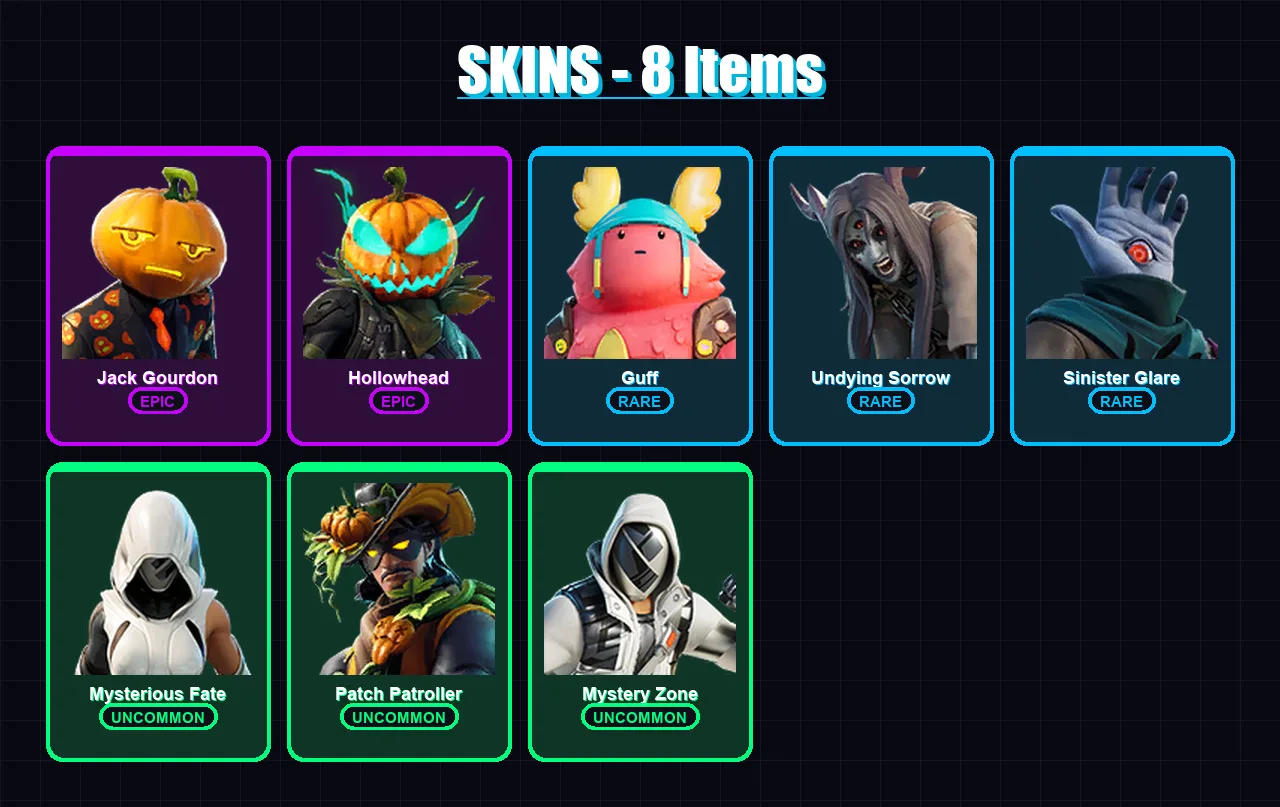 [PC/XBOX/PSN] | Jack Gourdon | Hollowhead | Guff | Undying Sorrow | Sinister Glare | 8 skin | 12 pickaxe | 7 emote | 6 glider | Lv67