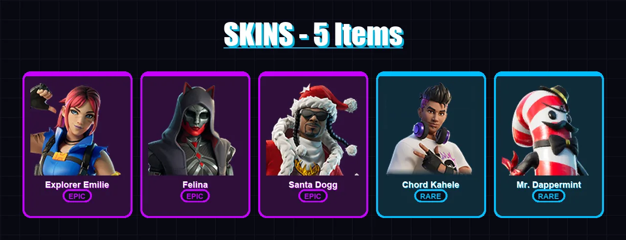 [PC/XBOX/PSN] | Explorer Emilie | Felina | Santa Dogg | Chord Kahele | Mr. Dappermint | 5 skin | 17 pickaxe | 12 emote | 14 glider | Lv263