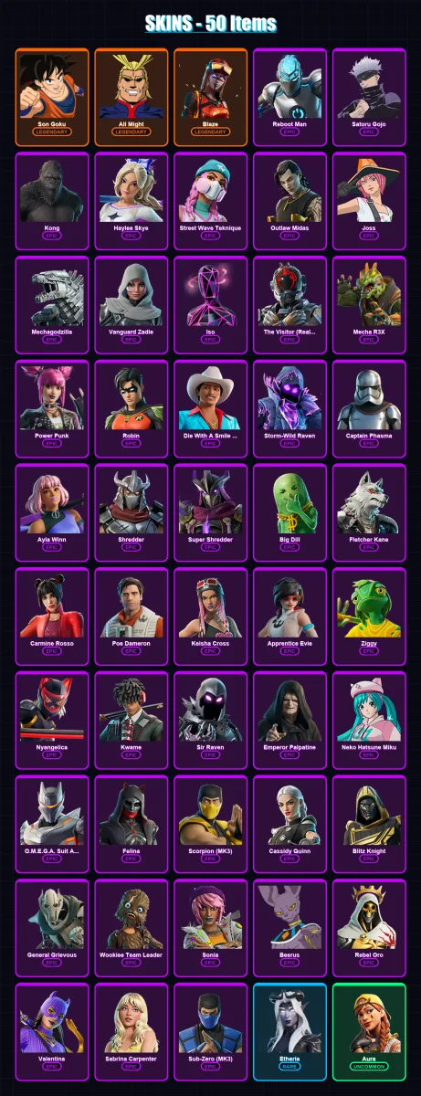 [PC/PSN] | Son Goku | All Might | Blaze | Reboot Man | Satoru Gojo | 50 skin | 69 pickaxe | 57 emote | 38 glider | Lv415