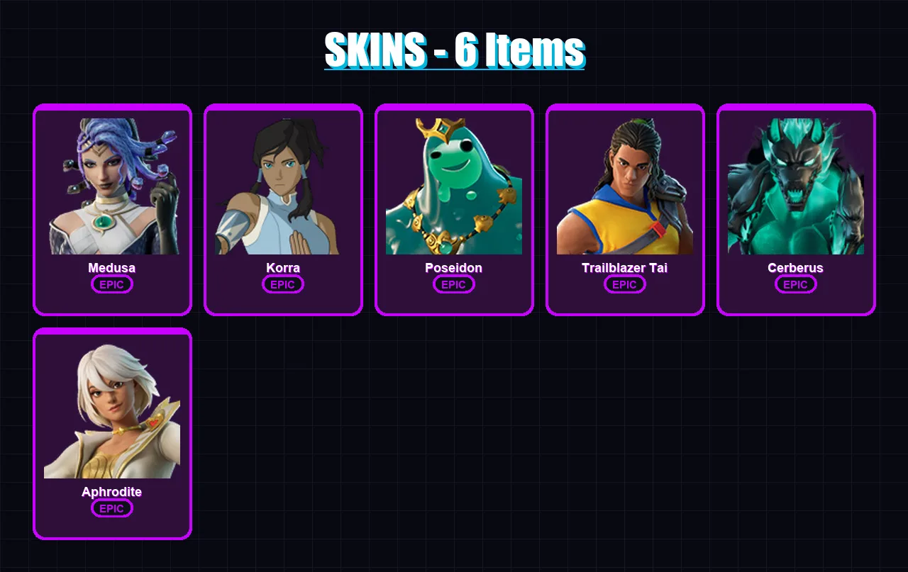 [PC/XBOX/PSN] | Medusa | Korra | Poseidon | Trailblazer Tai | Cerberus | 6 skin | 10 pickaxe | 6 emote | 7 glider | Lv94